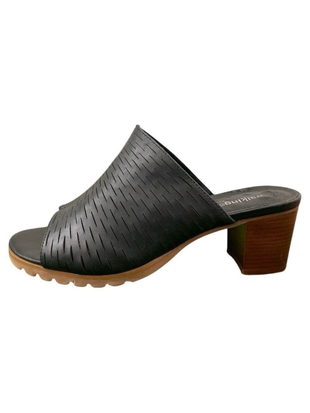 Walking Cradles Black Leather Mules with Chunky Heel Size 9WW